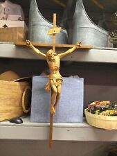 Large Antique 33in Carved Wood Christian Crucifix Crucified Jesus Santos picture
