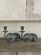 Vtg Bronze Patinated Green Metal Elephant Candle Holder pair Fortune Trunk Up picture