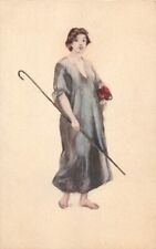 Postcard Art Woman Long Blue Dress Holds Shepherd's Crook DB picture