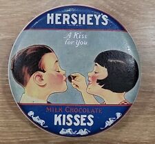Vintage 1982 HERSHEY'S Round Collectible Tin Can metal Girl Gives Boy a Kiss  picture