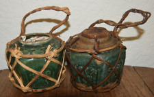Vintage Green/Blue Glazed Chinese Ginger Earthenware Six Sided Jars Raffia Trim picture