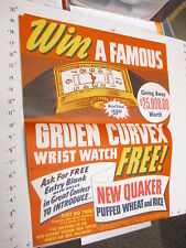 Quaker Puffed wheat rice cereal box 1940 store sign poster Gruen Curvex watch picture