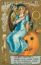 A Joyful Halloween Postcard~Antique~Victorian Lady On JOL~Man In Mirror~c1914 picture