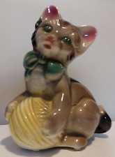 Adorable Kitten Pottery Figurine With Green Bow And Ball Of Yellow Yarn picture