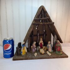 Vtg Mid-Century Christmas Nativity 10pc Chalk Figures & Crèche Manger set Italy picture