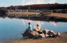Ludington MI~Ponchos Pond R V Park~Boys Fish Off Rock~Boathouse~1960s picture