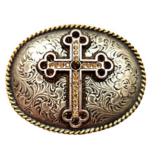 Nocona Buckles Amber Stones Cross Silver Gold Tone Metal Oval Belt Buckle picture