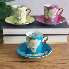Three Vintage Demitasse Espresso Cups and Saucers Lotus Floral Pink Blue Yellow picture