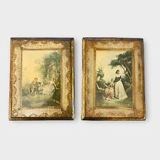 Vintage Set of Two Gold Trimmed Decorations Wall Art Trim Lithography Wood Italy picture