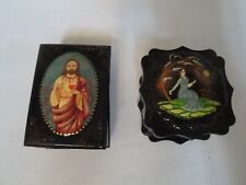 2 Vintage Small Wooden Russian Lacquar Trinket Boxes Hand Painted  picture