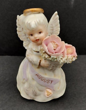 Vintage Lefton Angel Girl August Birthday 3332 Basket Pink Flowers Figurine picture