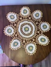 Vintage Hand Crocheted Gold White and Green Floral Round 16 Inch Cotton Dollie picture
