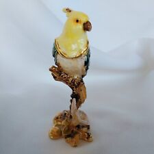Enamel Rhinestone Cockatiel on Branch Hinged Trinket Ring Pill Box Hand Painted picture