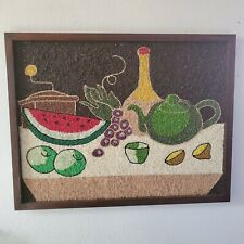 Vtg Gravel Pebble Art Table Still Life Watermelon Tea Wine Grapes Framed 25