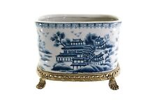 Oval Crackle Blue and White Blue Willow Porcelain Flower Pot Brass Ormolu 7.5