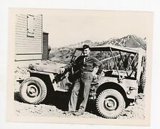 WW2 era US Soldier posing Jeep Willys MB Black White Photograph BW Circa 1945 picture