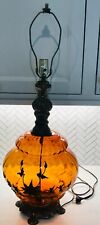 Vintage Mid Century Leviton Handblown Amber Glass Lamp 32' Brass Floral Design picture