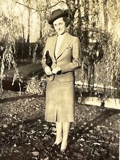 XG Photograph Beautiful Woman Pretty Lady Hat Tree Pond Park 1930-40's picture