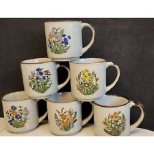 Set of 6 Vintage Otagori Coffee Mugs Speckled Stoneware Wildflowers Japan EUC picture