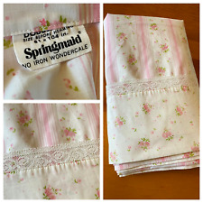 VTG 70's SPRINGMAID PINK FLORAL STRIPE W/ LACE WONDERCALE FLAT SHEET SZ FULL picture