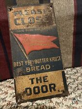 General Store Tin Embossed Door Push Sign Bread Butter Krust Old Rare Antique picture