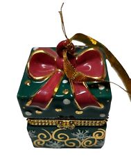 Ganz Christmas Present Trinket Box Ornament Green White Gold  Hinge with Tags picture