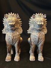 Vintage Pair Khymer Singha Bronze Temple Lion Foo Lion Sculpture Figures 11