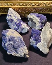 Lot Of 4 Natural Raw Blueberry Fluorite Crystals on Milky White Quartz Specimens picture