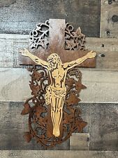 Jesus Christ Crucifix Wood Scroll Carved Vine Design Wall Plaque Signed 2016 picture
