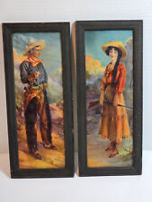 Antique Early 1900's Western Americana COWGIRL COWBOY Framed Lithographs RARE picture