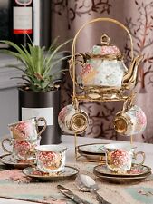 20pc Tea Set. Tea Pot 6 Cups + Saucers &Rack Coffee Cup Set Gold Color 3 oz Cup picture