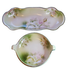 Antique Porcelain Royal Rudolstadt Prussia Bowl & Oval Dish White Roses 12