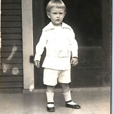 c1910s Serious Little Boy RPPC House Porch Real Photo White Fashion Bowlcut A160 picture