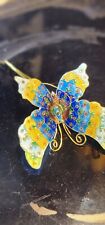 Vintage gold tone cloisonné enamel Blue Yellow And Green BUTTERFLY Ornament  picture