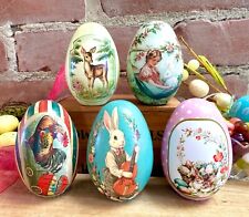 FIVE Easter Egg Tins. 5 Fillable Lithographed Metal Vintage Easter Eggs picture