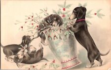 Vtg Dachshund Christmas Postcard French Holiday Dog & Pupplies Playing Unposted picture