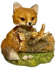 Homco 1986 Masterpiece Porcelain Figurine Baby Fox on Log With Snail Flowers VTG picture