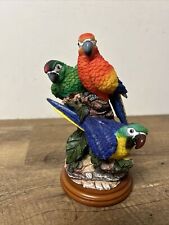 Vintage Lifelike Resin Parrots (Red & Blue & Green Macaw)  On Branch Statue 7” picture