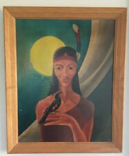 Vintage Native American Painting of Princess with Bird - Oil on Board Framed  picture