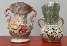 TWO Vintage Lusterware Vase Double Handles Iridescent Floral Brazil #423 #431 picture