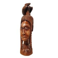 Vintage African Hand Detailed Carved Wood Sculpture Head w/ Bird 17