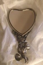 VINTAGE  Antique  Cherub With Heart Silver Tone Metal Hand Mirror picture