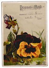 Antique Victorian Student Reward of Merit Card Flowers Pansies School Teacher picture