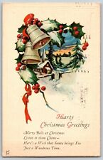 Hearty Christmas Greetings, Merry Bells at Christmas - Vintage Postcard Posted picture