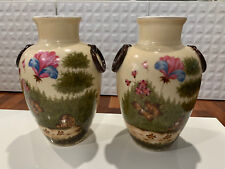 Vintage Antique English Pair of Ceramic Vases w/ Painted Flower & Landscape Dec. picture