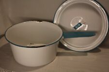 Vintage 1920’s Enamelware White with blue accents Enamel Cooking Pot with Lid picture
