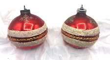 Vintage Glass Red Ball Christmas Ornaments West Germany Hand Decorated Stripes picture