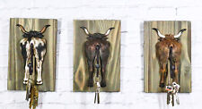 Set of 3 Rustic Western Steer Bulls Hind Butt Coat Wall Hooks With Wooden Plaque picture