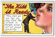 F. Bluh Artist Signed Postcard Pretty Woman The Kiss Is Ready c1910's Antique picture