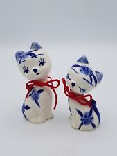 Vintage Blue Delft Pair of Kitty Cats Figurines Handpainted By Elesva picture